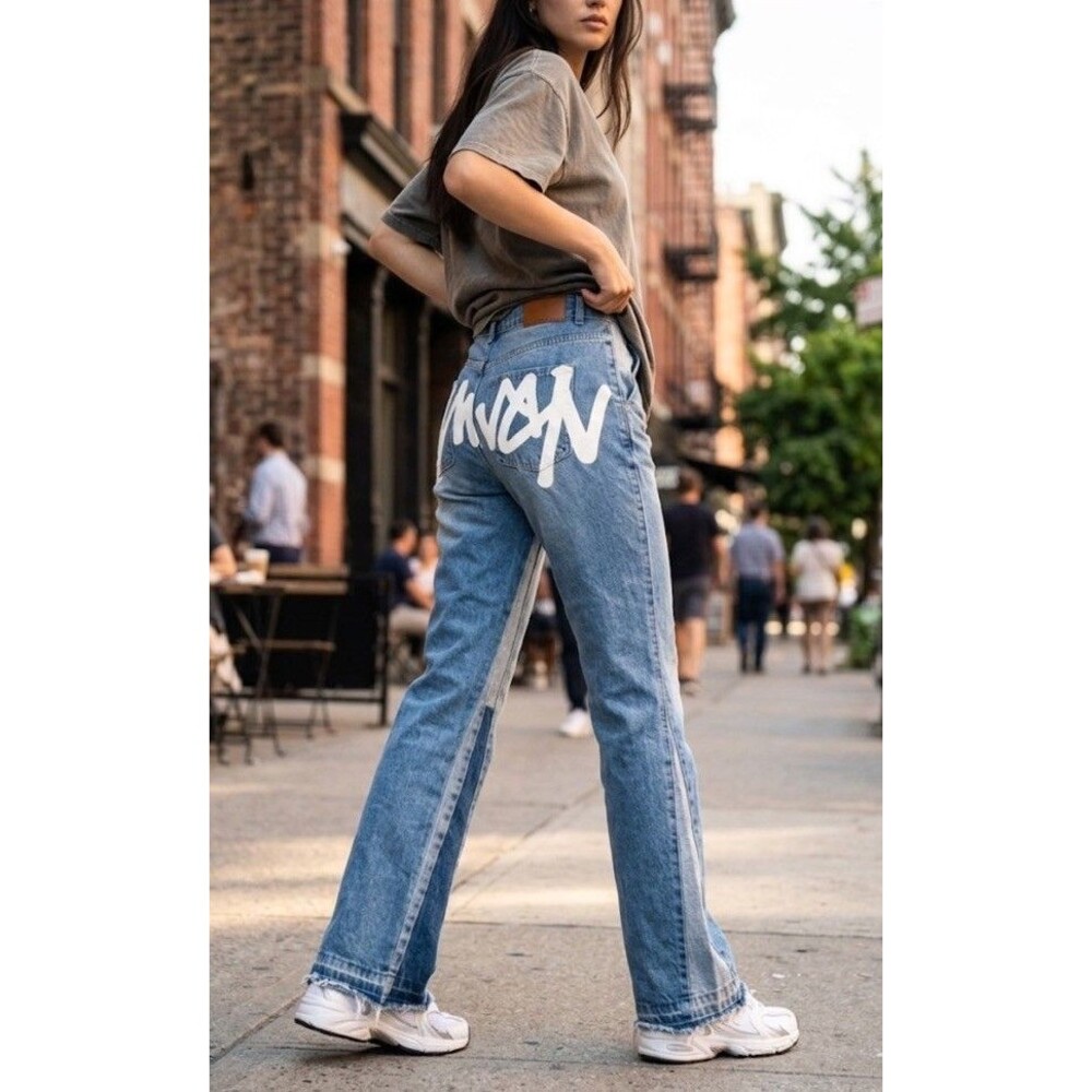 SUMWON Distressed Raw Hem Two Tone Jeans XL/39 Back Graphic Logo Y2K Model Cool